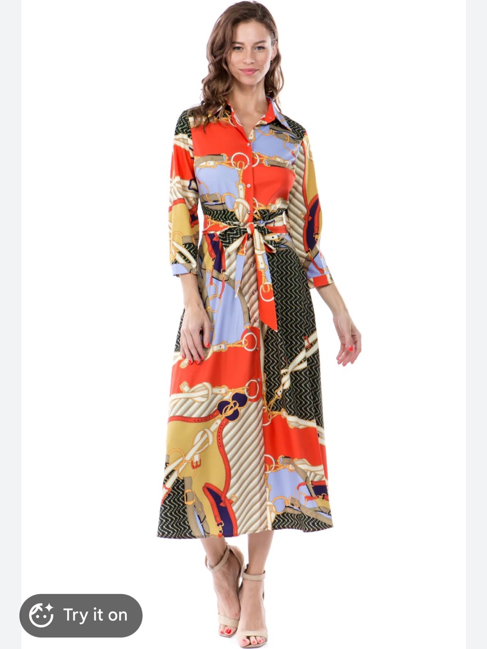 Zara Scarf Print Belted Satin Shirt Dress Equestrian Blogger Fave Color Block L